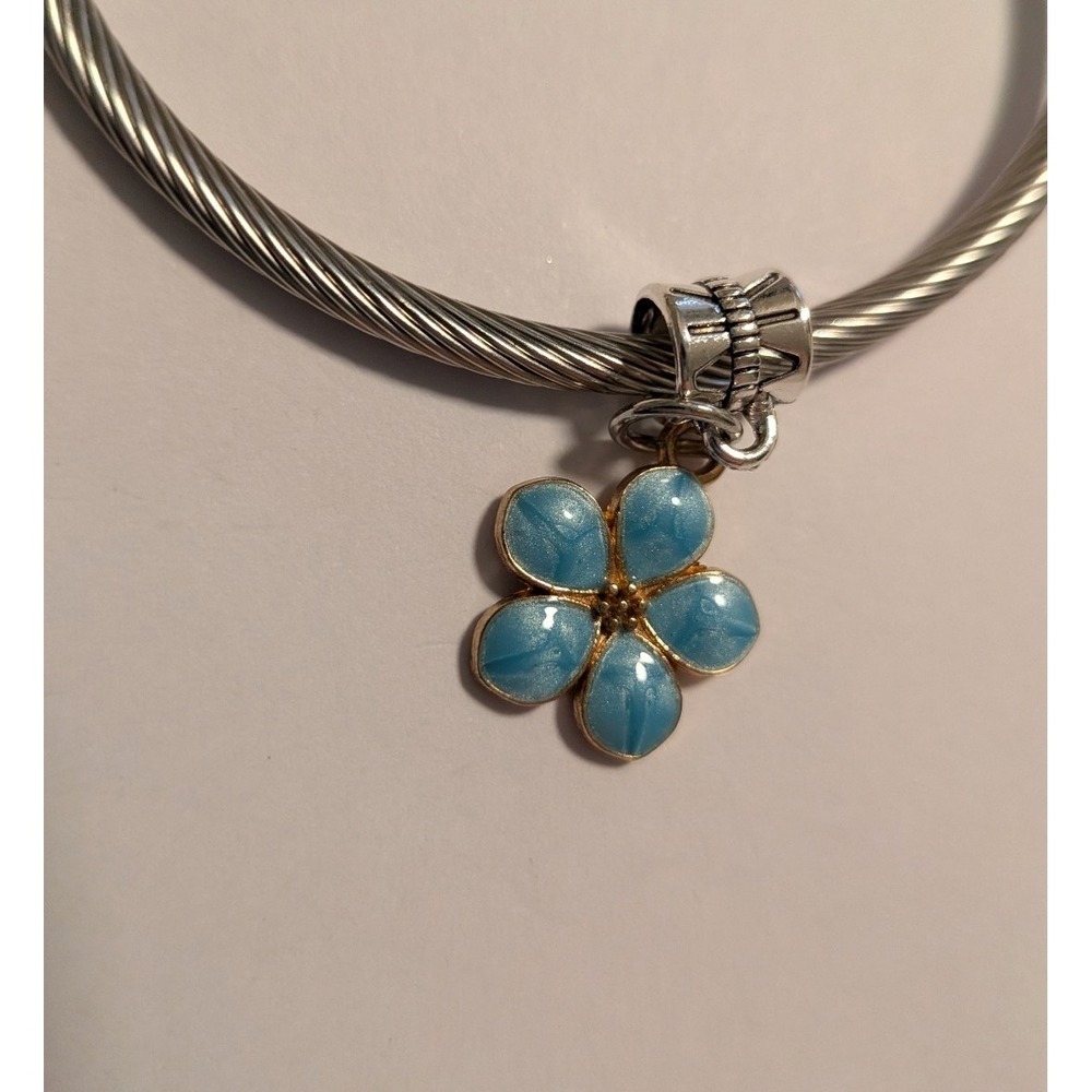 Blue Enamel Flower Charm Bead for European Bracelet Gold Tone Floral Pendant